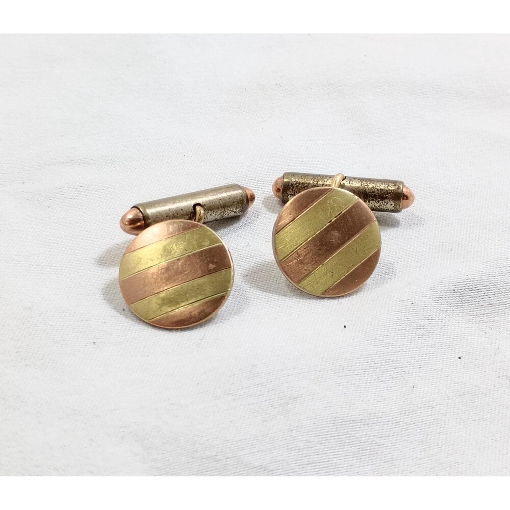Vintage Round Gold Toned Striped Cuff Links